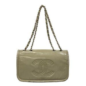Chanel Shoulder Bag CC Logo Grey Silver Chain Greige